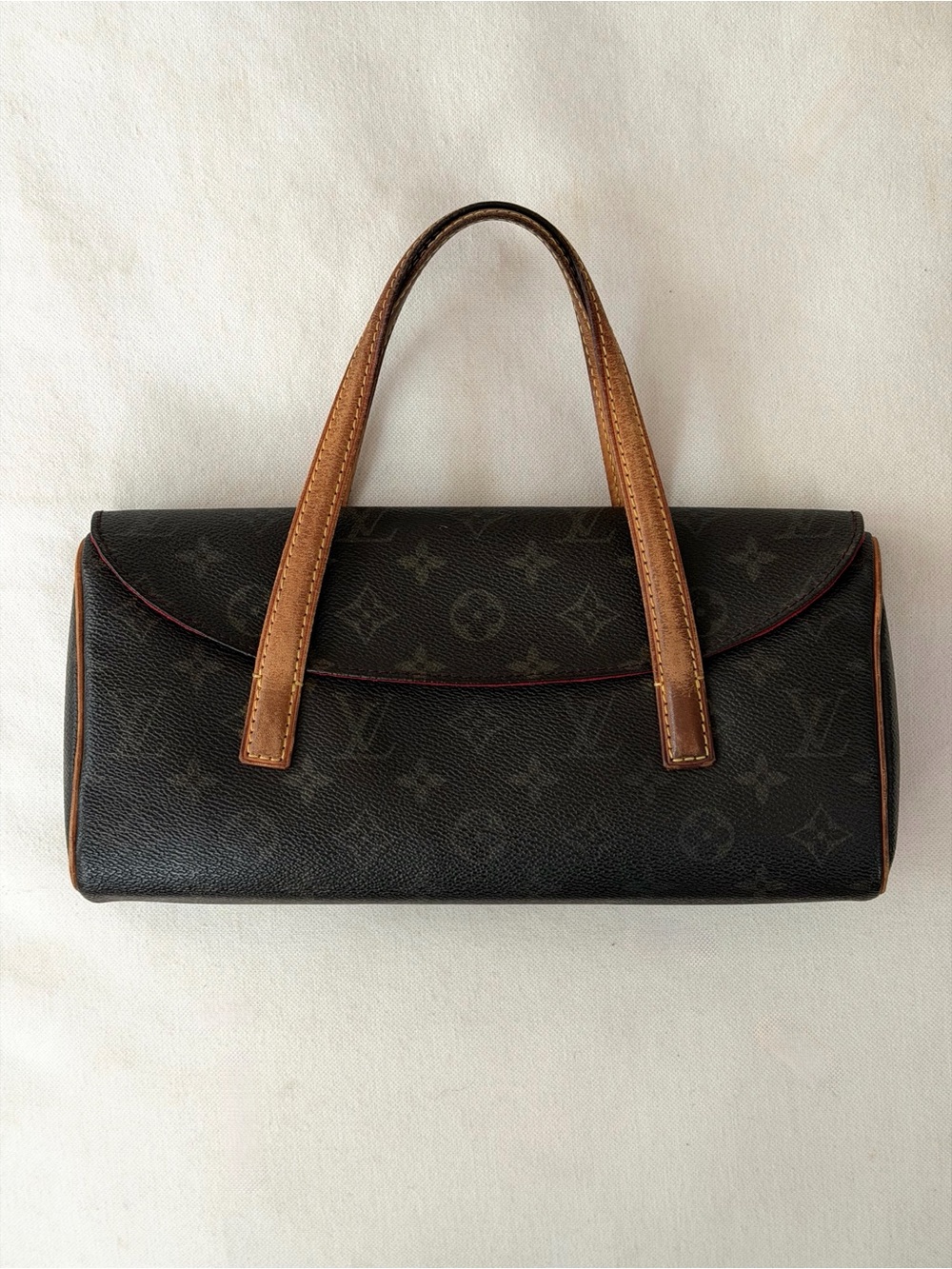 Louis Vuitton Monogram Canvas Mini Top-Handle Bag with Tan Handles and Red Trim
